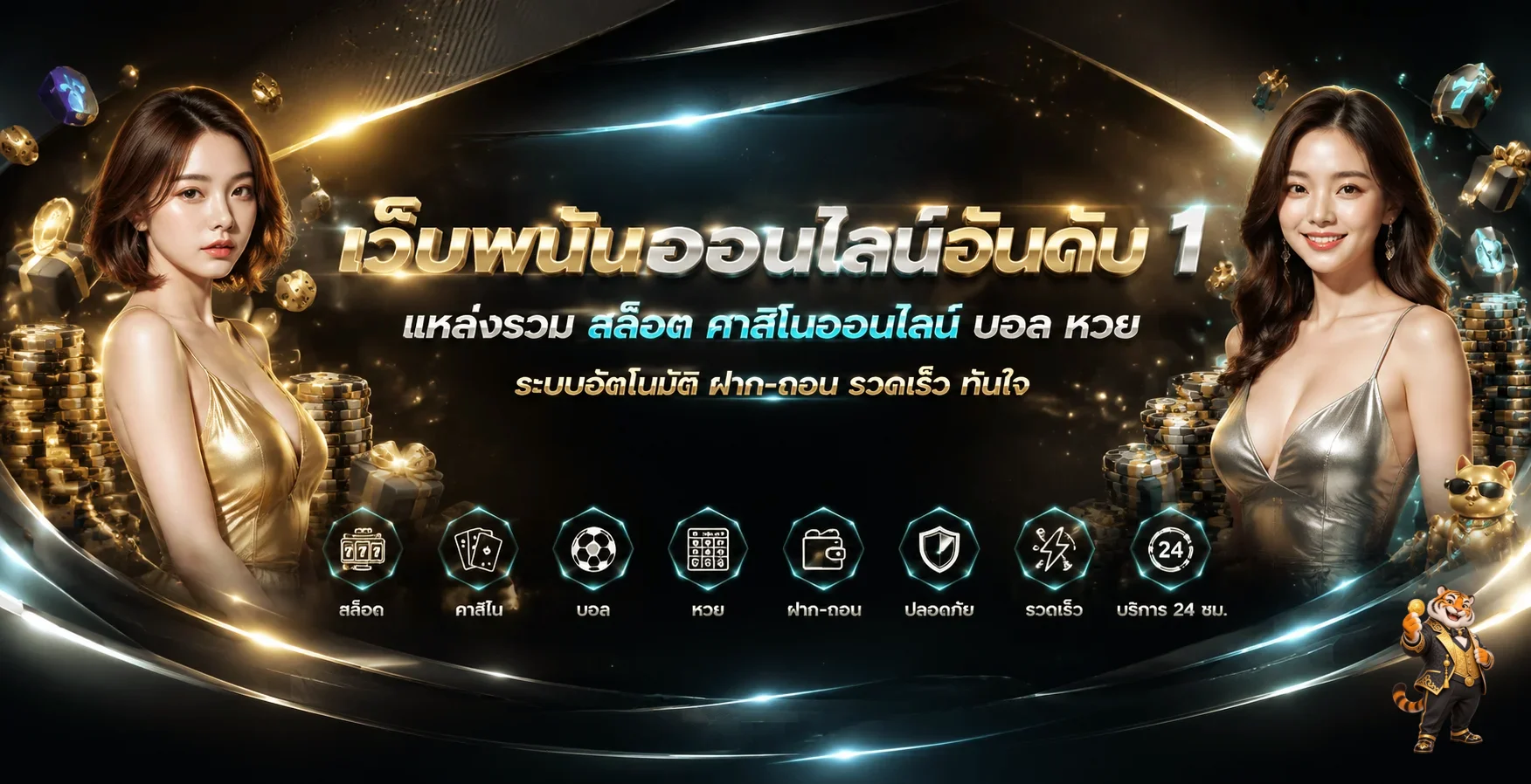 แบนเนอร์ภาพรวมเกมออนไลน์ funnny77 พร้อมมาสคอตเสือ